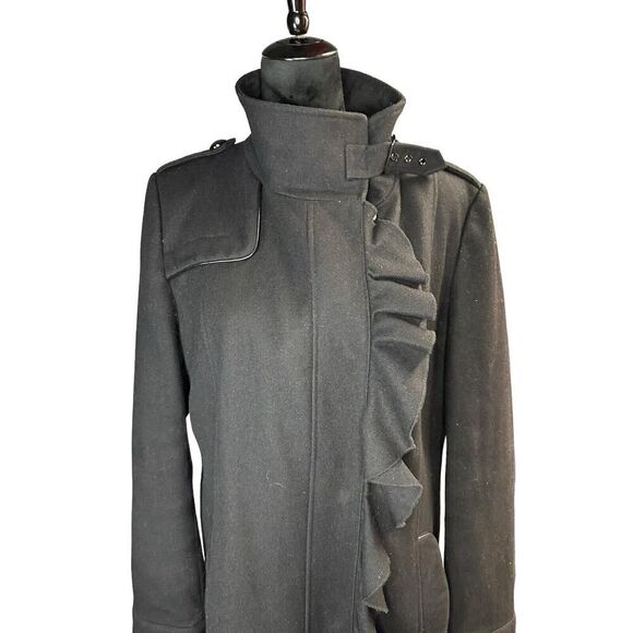 TAHARI~BLACK WOOL RUFFLE SNAP FRONT LEATHER TRIM COAT sz 14 - Picture 6 of 16